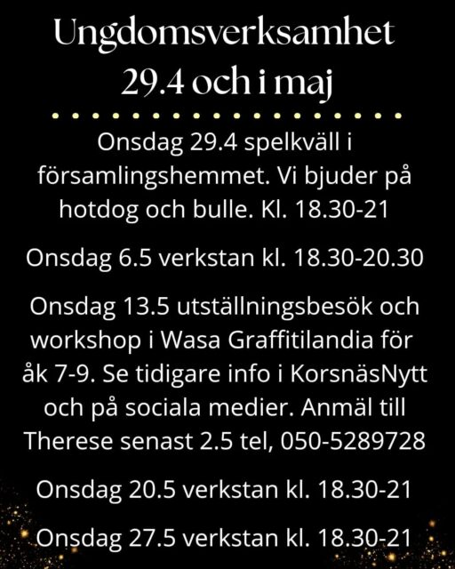 Ungdomsverksamhet 29.4 och i maj, välkomna! 😊