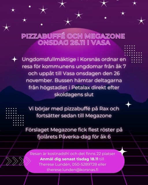 Välkomna med på pizza och till Megazone onsdag 26.11 😊