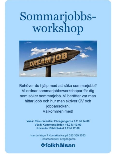 Behöver du hjälp med att söka sommarjobb? Kom till biblioteket måndagen den 9.2 kl 17 och träffa Kaj från Folkhälsans Föregångarna. Välkommen!