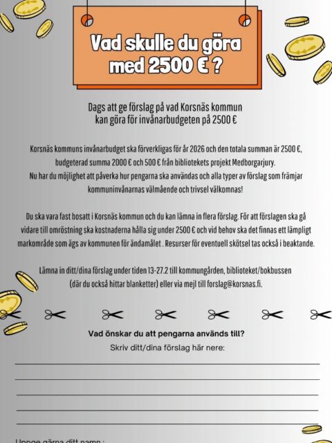 Kom ihåg att lämna in ditt förslag till användningen av 2500 € senast 27.2! I fjol fick vi in 15 förslag och vi hoppas på ännu fler i år 😊