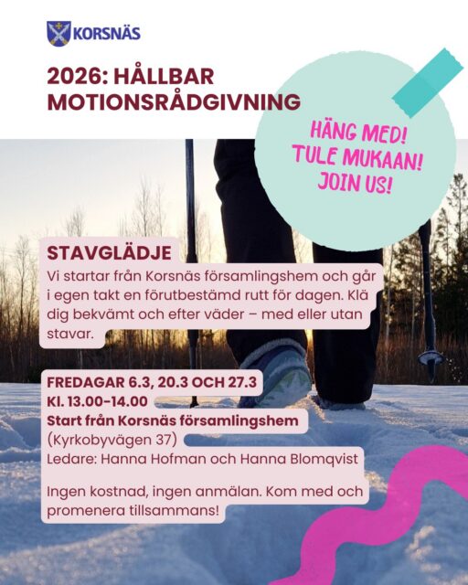 Att promenera är en av de mest tillgängliga och effektiva motionsformerna. Genom att använda stavar aktiveras hela kroppen och de ger dessutom extra stöd vid ojämnt underlag. 

Uppvärmning med stavar, promenadteknik och avslutande stretch med hjälp av stavar. Det går bra att delta och göra rörelserna utan stavar också.
Välkomna! 🌞