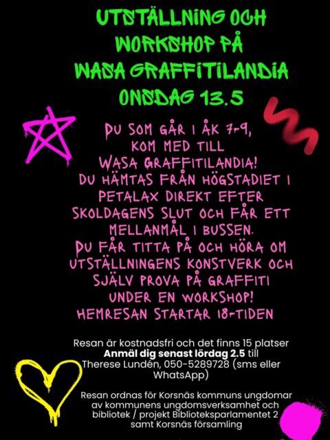 Kom med till Wasa Graffitilandia onsdagen den 13.5! Det blir både utställningsbesök och prova på själv-workshop 😊 Anmäl dig senast 2.5!