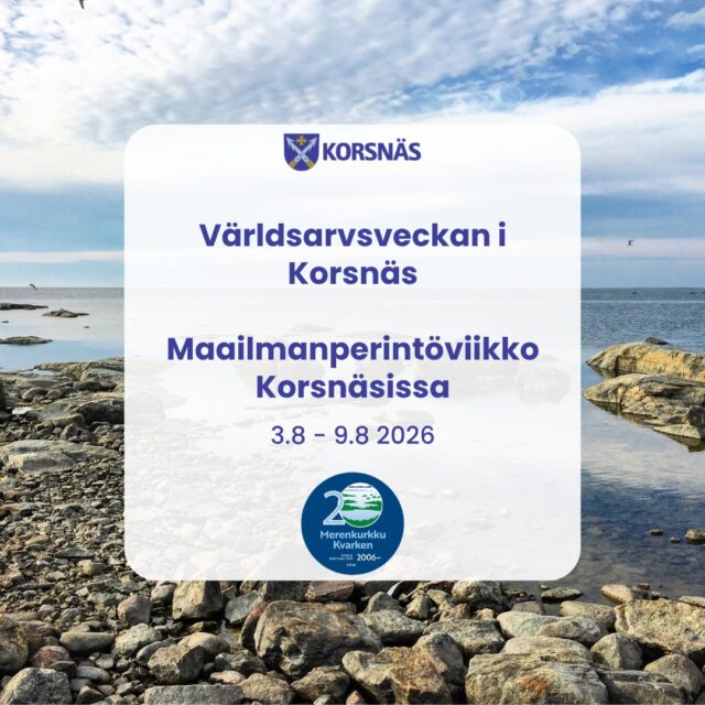 Den 3 - 9 augusti ordnas Världsarvsveckan i Korsnäs kommun! 🌊☀
Under veckan ordnas flera evenemang som uppmärksammar Kvarkens världsarv. Välkomna att delta! Mera information finns på arrangörernas sociala medier!
3 – 9 elokuuta järjestetään maailmanperintöviikko Korsnäsin kunnassa! 🌊☀
Viikon aikana järjestetään useita tapahtumia, joissa tuodaan esille Merenkurkun maailmanperintöä. Tervetuloa osallistumaan! Lisätietoa löytyy järjestäjien sosiaalisen median kanavista!
