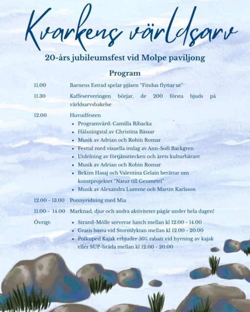 Varmt välkomna till Molpe paviljong imorgon 8 augusti för att fira 20-års jubileet för Kvarkens världsarv!
På bilden finner ni programmet för dagen. Utöver de som nämns i programmet deltar flera försäljare, föreningar och andra aktörer på området. Det bjuds därför på ett mångsidigt utbud av aktiviteter som passar hela familjen!
Hoppas att vi ses! ☺️