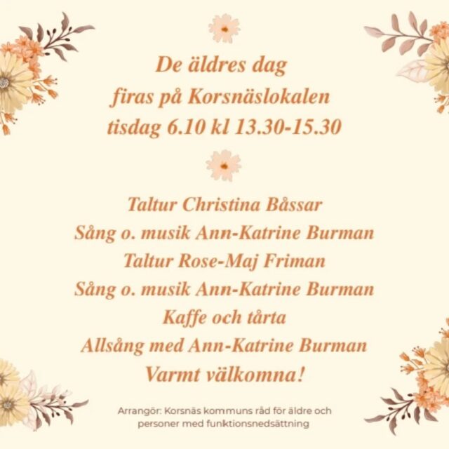 Välkomna på fest till Korsnäslokalen tisdag 6.10 kl 13.30 då vi firar de äldres dag! 🌼🌞