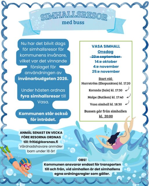 Inga höstlovsplaner än? Häng med på kommunens nästa simhallsresa 14.10. Kom ihåg att anmäla dig eller ditt barn senast onsdagen 7.10. Simhallsresan riktar sig till alla åldrar. Det finns även möjlighet att delta i vattengymnastik från kl. 19:00-19:40 för de som vill.