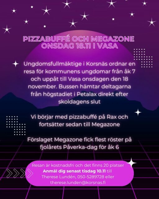 Häng med till Rax och Megazone den 18.11! 😃 Resan ordnas av kommunens ungdomsfullmäktige och sista anmälningsdag är 10.11.