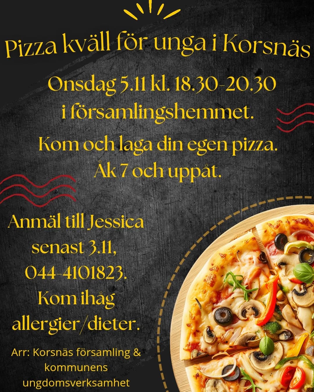 Välkommen på pizzakväll nästa veckas onsdag 🍕😊 Anmäl till Jessica!